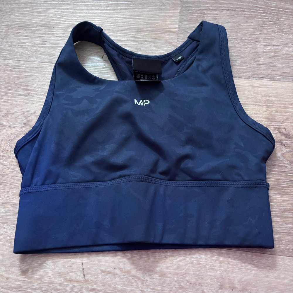 MyProtein MP Velocity Camo Sports Bra Navy Blue Mesh Racerback Womens Small